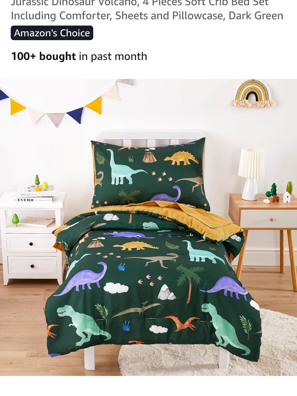 Kids' Dinosaur Bedding Set - Dark Green Comforter & Pillowcase